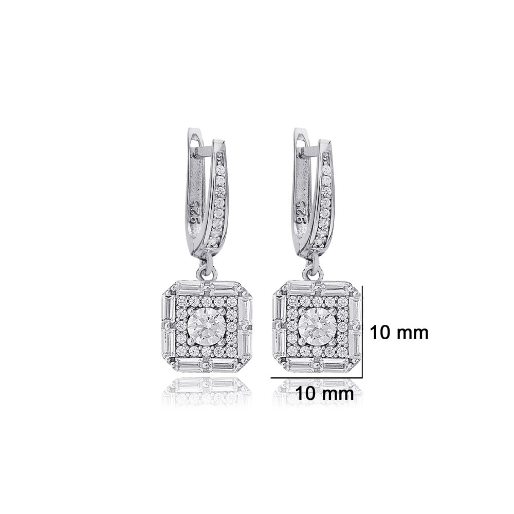 Square Geometric Design Round Zircon Stone Dangle Earrings 925 Sterling Silver Jewelry