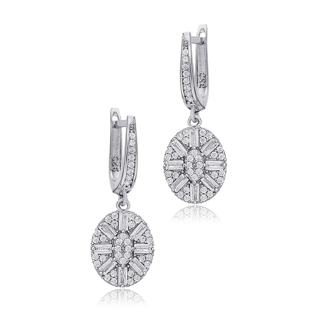 Geometric Oval Shape Baguette Zircon Stone Dangle Earrings Turkish Handmade 925 Sterling Silver Jewelry