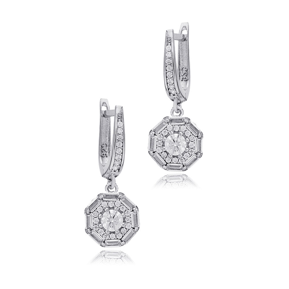Geometric Design Clear Shiny Zircon Stone Dangle Earrings Turkish Handmade 925 Sterling Silver Jewelry