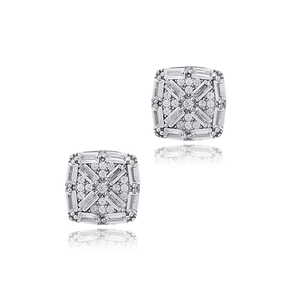 Square Geometric Design Baguette Zircon Stone Stud Earrings 925 Sterling Silver Jewelry