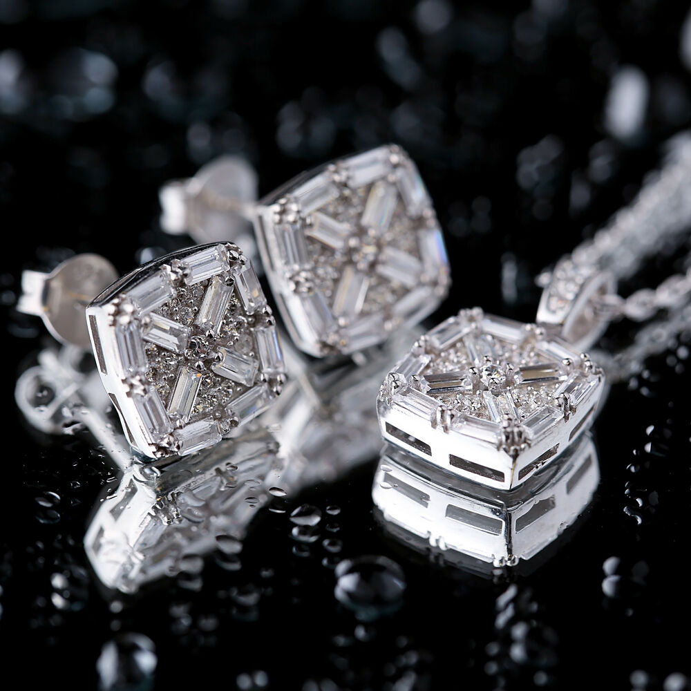 Square Geometric Design Baguette Zircon Stone Stud Earrings 925 Sterling Silver Jewelry