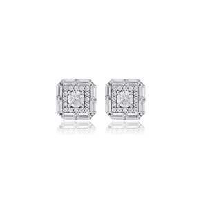 Square Geometric Design Round Cut Zircon Stone Stud Earrings 925 Sterling Silver Jewelry
