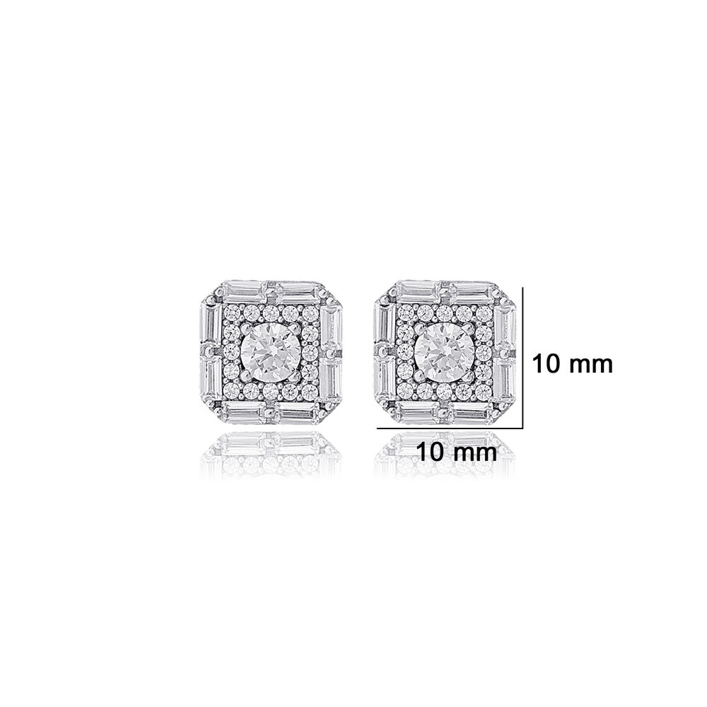 Square Geometric Design Round Cut Clear Zircon Stone Stud Earrings 925 Sterling Silver Jewelry