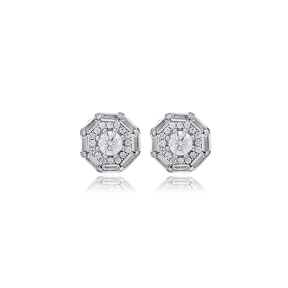 Geometric Design Clear Zircon Stone Stud Earrings Turkish Handmade 925 Sterling Silver Jewelry