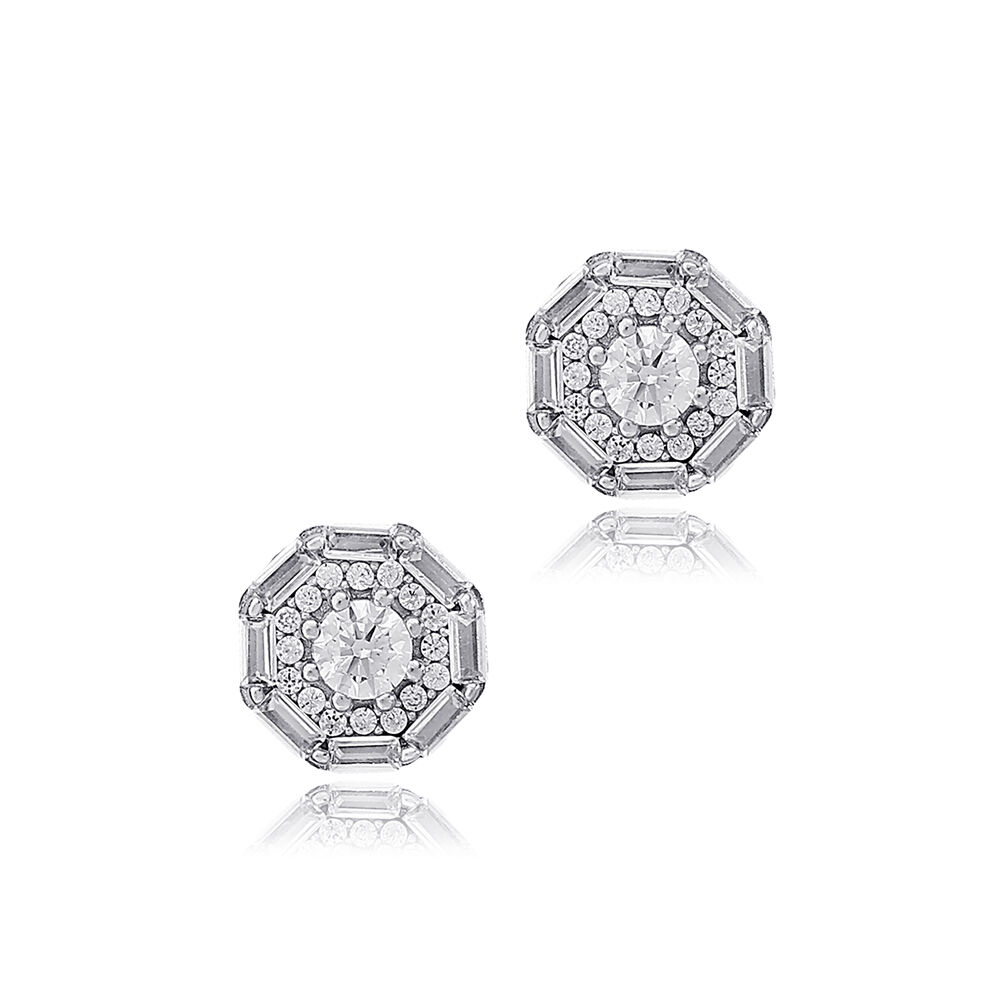 Geometric Design Clear Zircon Stone Stud Earrings Turkish Handmade 925 Sterling Silver Jewelry