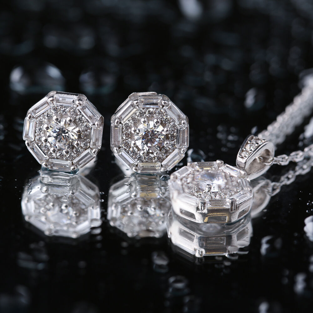 Geometric Design Clear Zircon Stone Stud Earrings Turkish Handmade Wholesale 925 Sterling Silver Jewelry