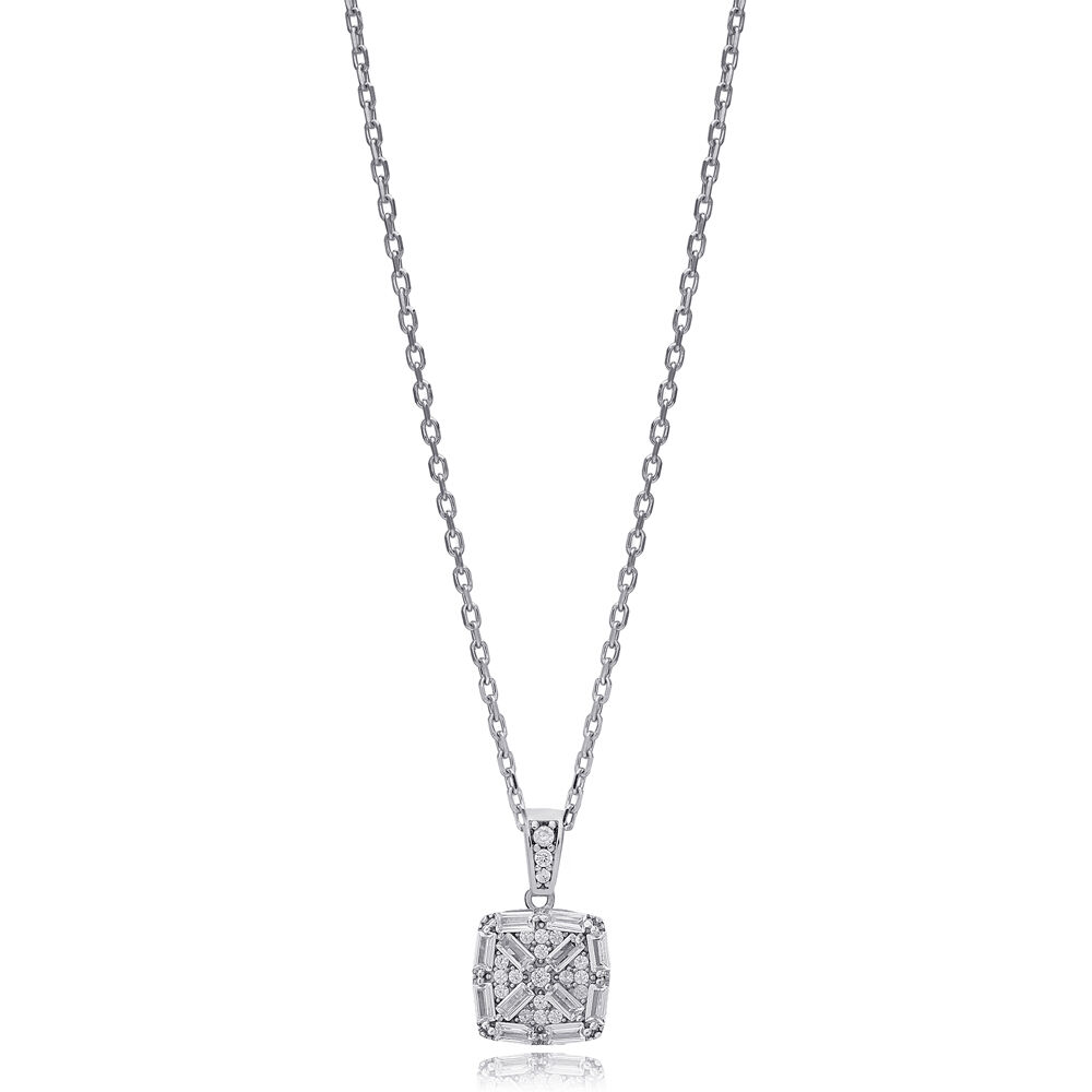 Geometric Square Design Shiny Baguette Stone Charm Necklace 925 Sterling Silver Jewelry