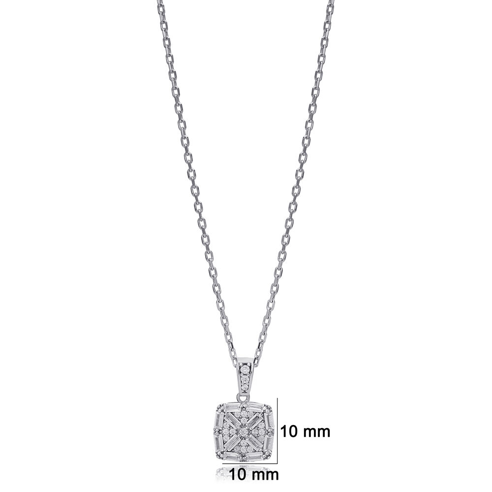 Geometric Square Design Shiny Baguette Stone Charm Necklace 925 Sterling Silver Jewelry