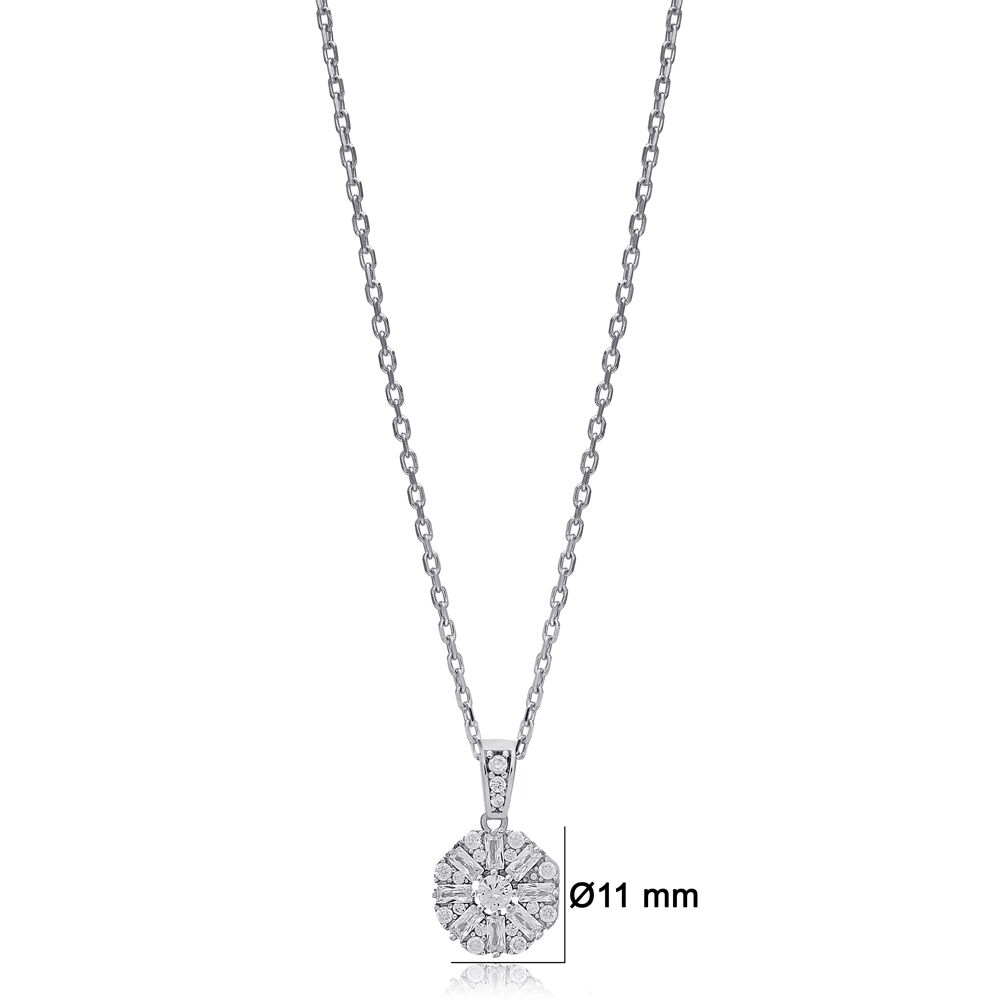 New Trendy Round Shape Shiny Baguette Stone Charm Necklace For Woman 925 Sterling Silver Jewelry