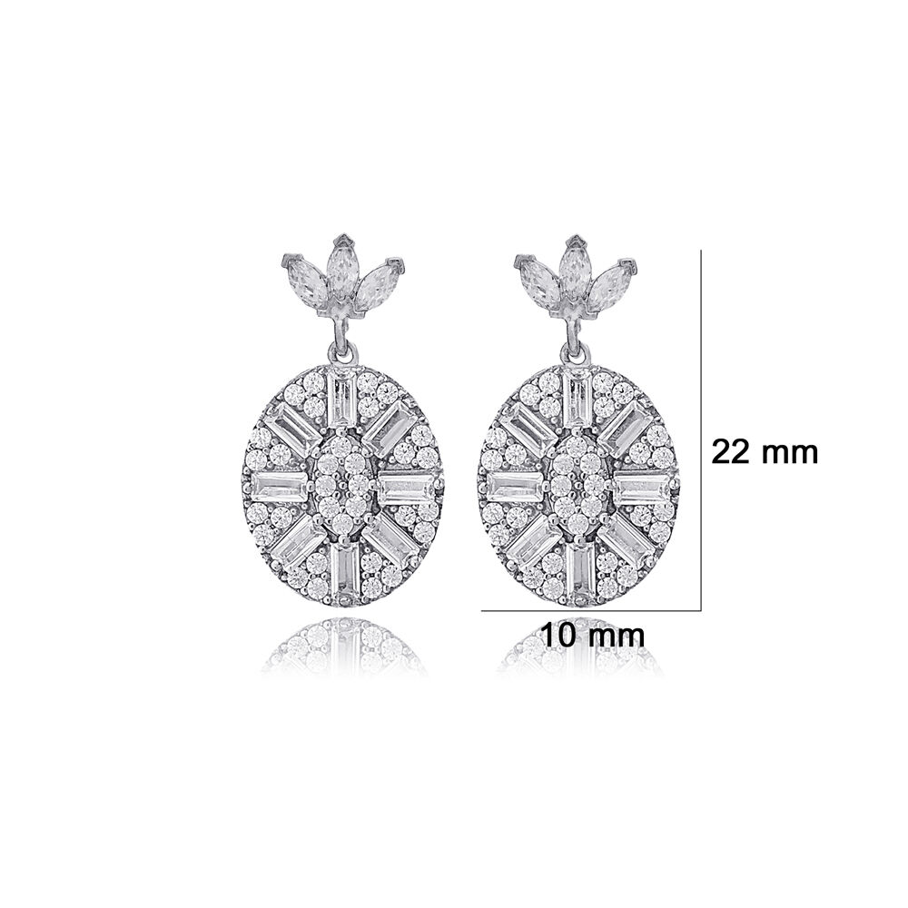 Oval Shape Shiny Baguette Stone Stud Earrings Turkish Handmade 925 Sterling Silver Jewelry