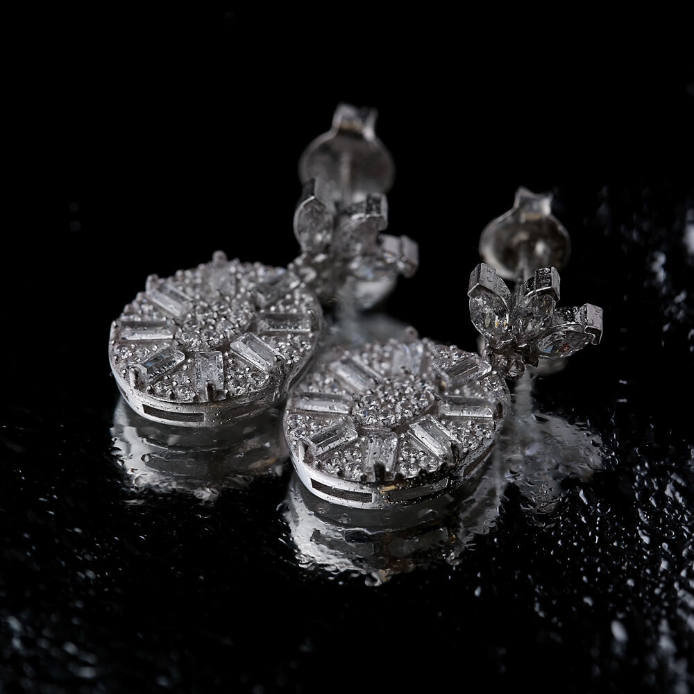 Oval Shape Shiny Baguette Stone Stud Earrings Turkish Handmade 925 Sterling Silver Jewelry