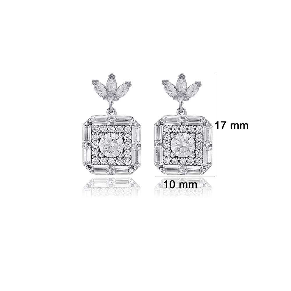 Geometric Square Shape Shiny Round Stone Stud Earrings 925 Sterling Silver Jewelry
