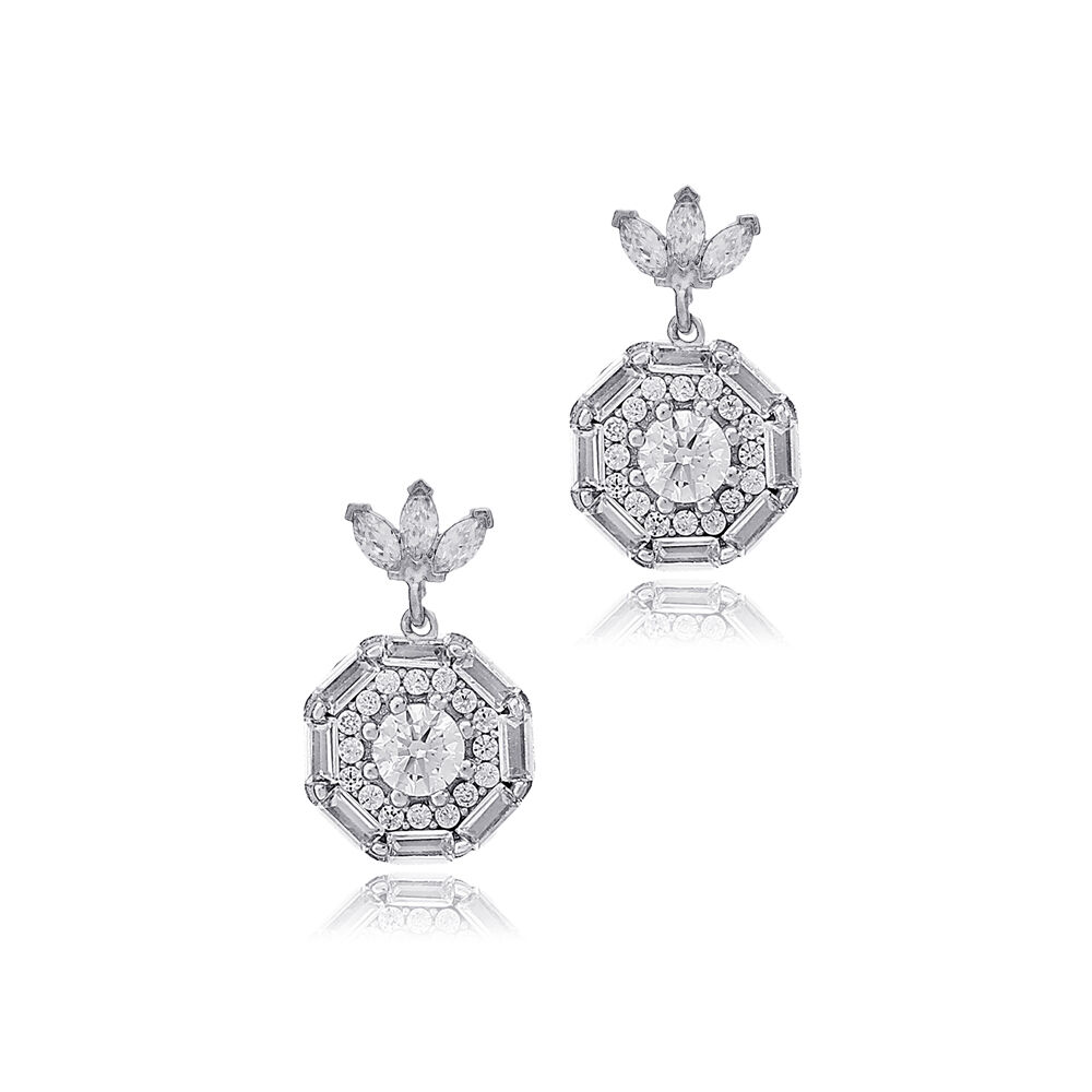 New Trendy Geometric Shape Round Clear Zircon Stone Turkish Handmade Stud Earrings 925 Sterling Silver Jewelry