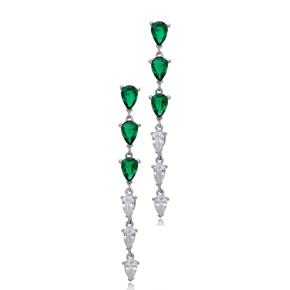 Pear Shape Emerald Stone with Zircon Stone Woman Long Earrings 925 Sterling Silver Jewelry