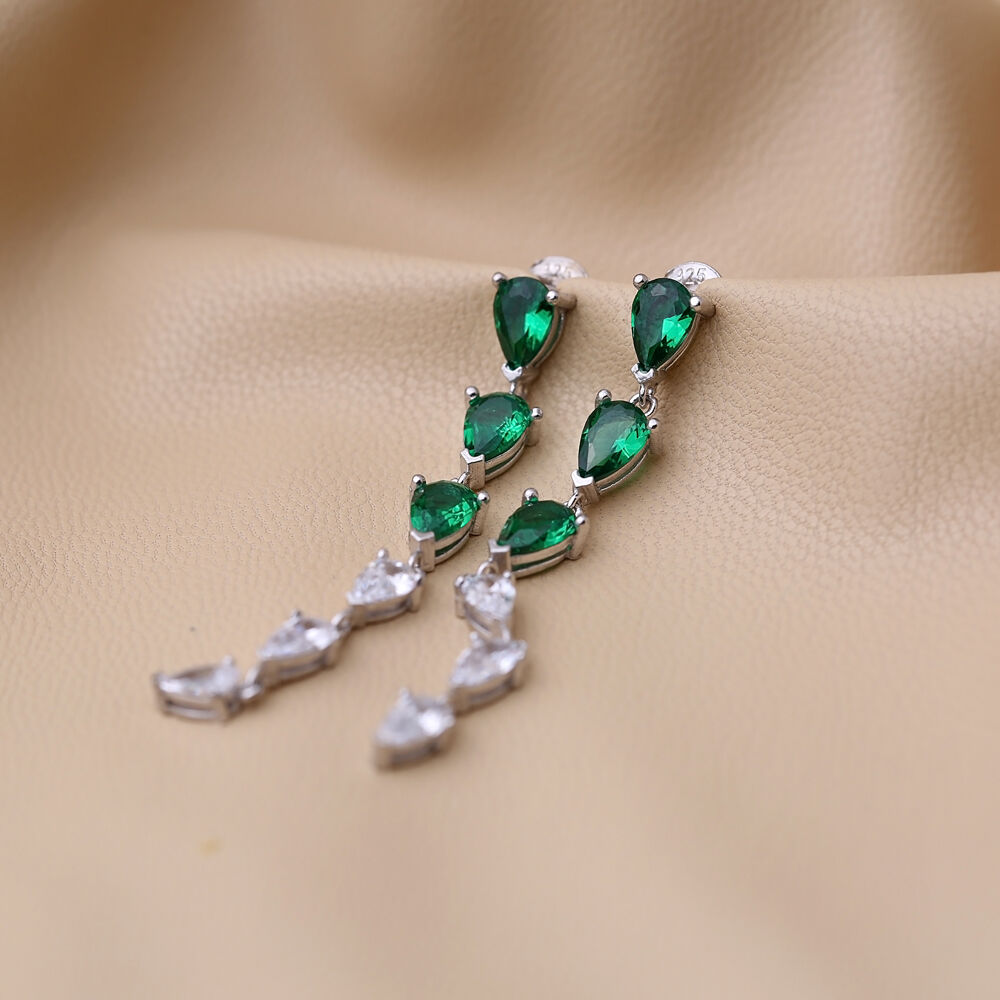 Pear Shape Emerald Stone with Zircon Stone Long Earrings 925 Sterling Silver Jewelry