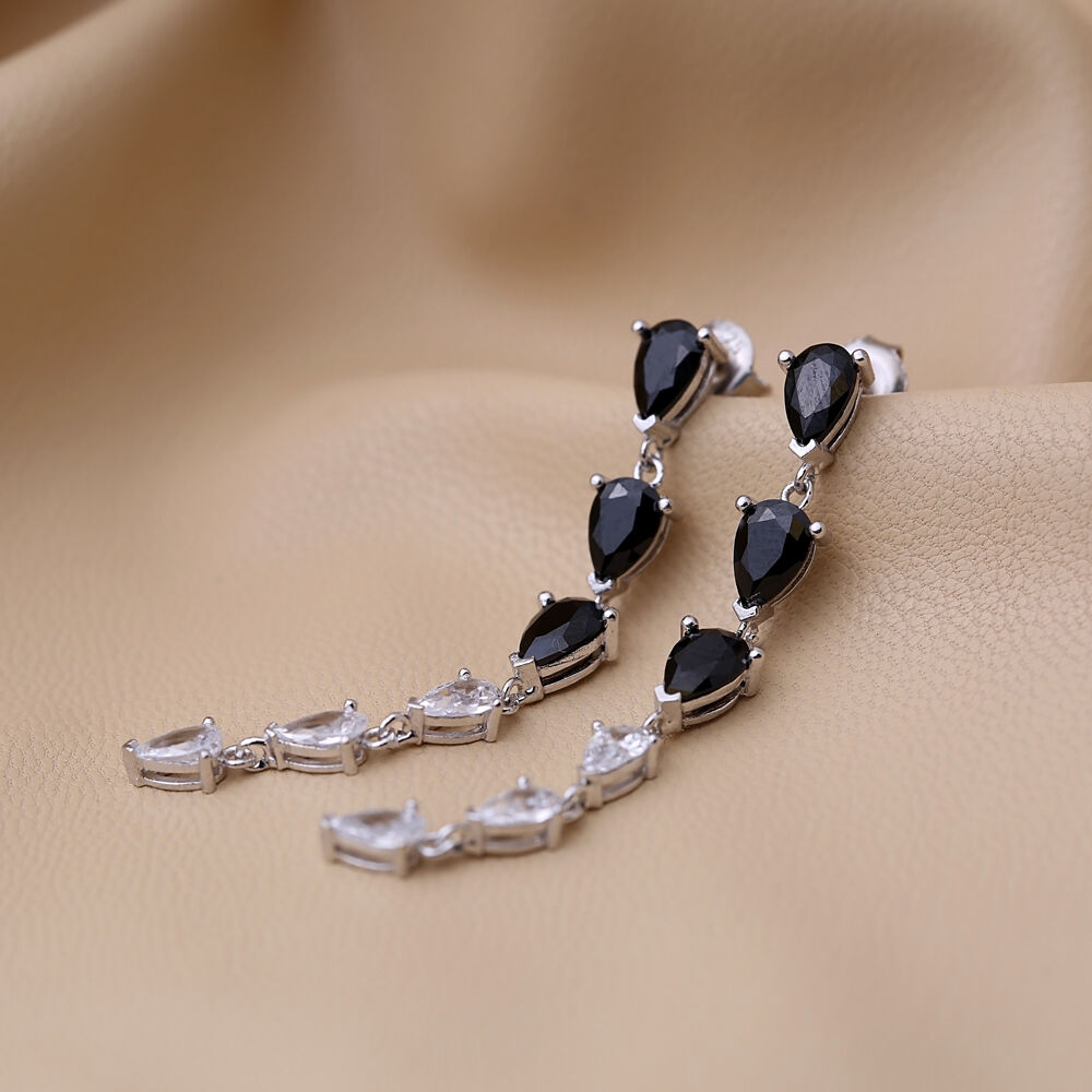 Pear Shape Black Zircon Stone with Zircon Stone Woman Long Earrings 925 Sterling Silver Jewelry