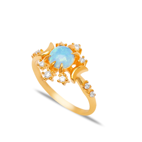 Snowflake Design Blue Opal Stone Cluster Ring Turkish Handmade 925 Sterling Silver Jewelry