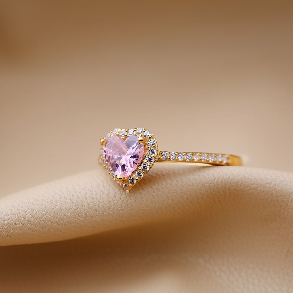 Heart Shape Pink Zircon Stone Cluster Ring Turkish Handmade 925 Sterling Silver Jewelry