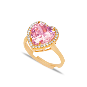 Heart Shape Pink Zircon Stone Adjustable Ring Turkish Handmade 925 Sterling Silver Jewelry