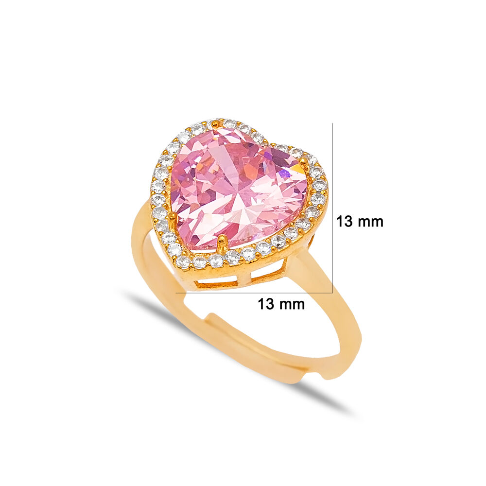 Heart Shape Pink Zircon Stone Adjustable Woman Ring Turkish Handmade 925 Sterling Silver Jewelry