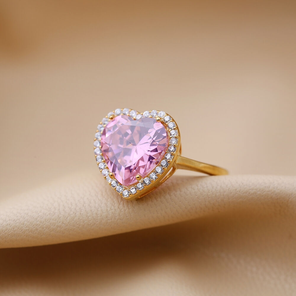 Heart Shape Pink Zircon Stone Adjustable Woman Ring Turkish Handmade 925 Sterling Silver Jewelry