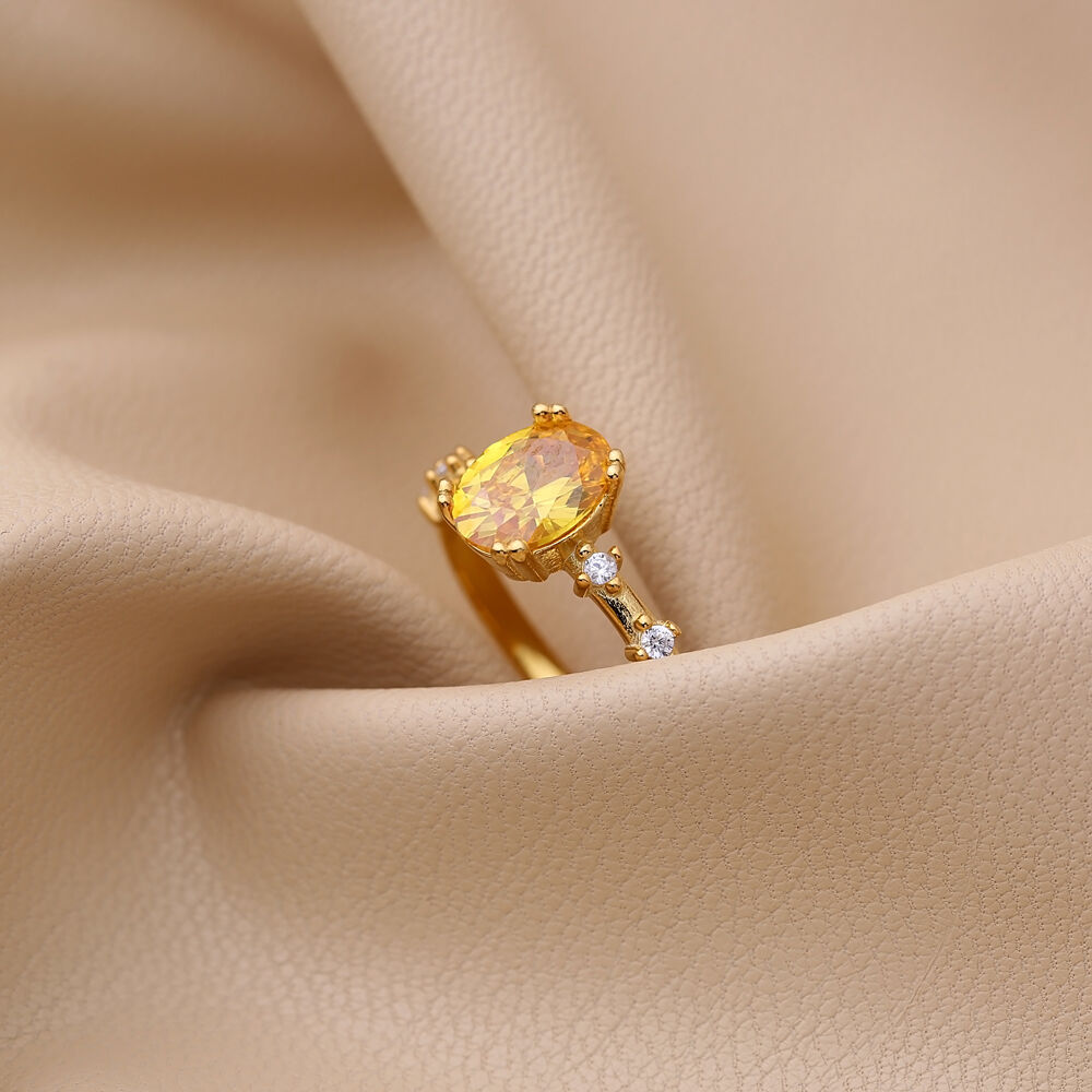 Oval Shape Citrine Zircon Stone Cluster Ring Turkish Handmade Wholesale 925 Sterling Silver Jewelry