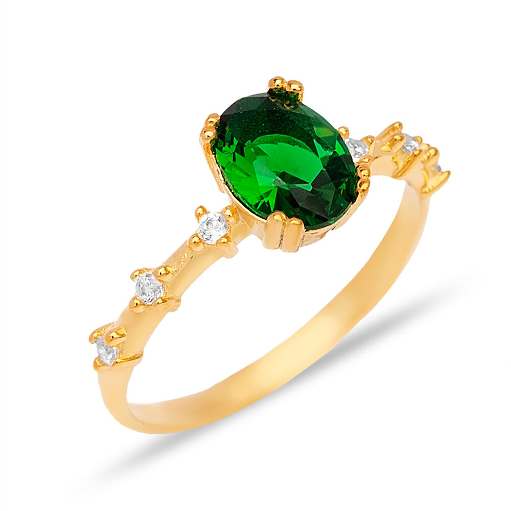 Oval Shape Emerald Zircon Stone Cluster Ring Turkish Handmade 925 Sterling Silver Jewelry
