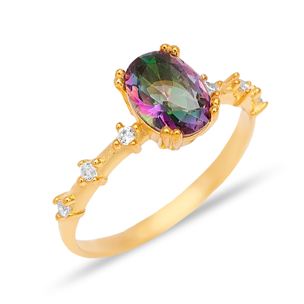 Oval Shape Mystic Topaz Stone Cluster Ring Turkish Handmade 925 Sterling Silver Jewelry