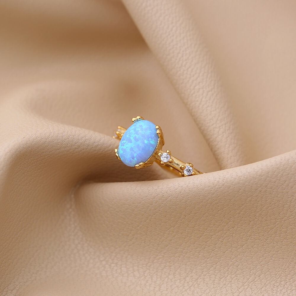 Oval Shape Blue Opal Stone Cluster Ring Turkish Handmade Wholesale 925 Sterling Silver Jewelry