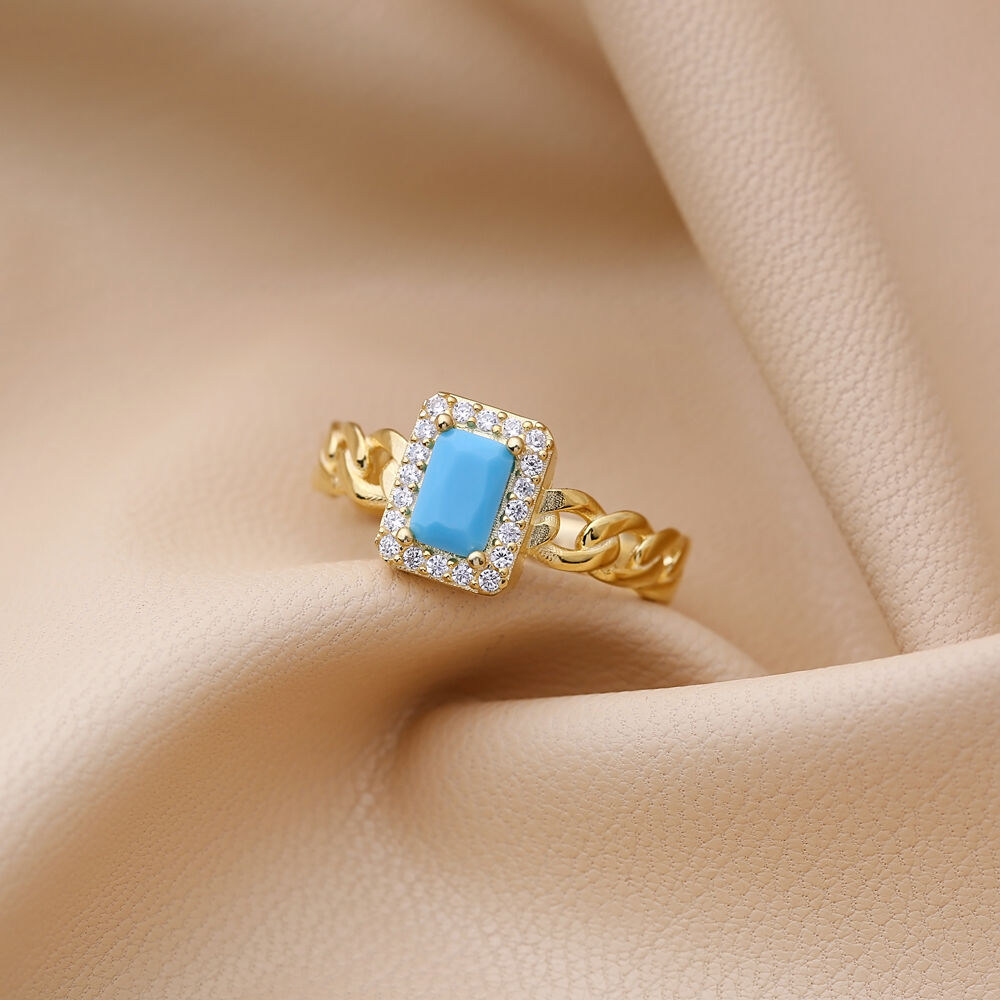 Gourmet Design Rectangle Turquoise Zircon Stone Cluster Ring Turkish Handmade 925 Sterling Silver Jewelry