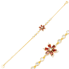 Teardrop Cut Red Stone Flower Design Charm Bracelet Turkish Handmade Wholesale 925 Sterling Silver Jewelry