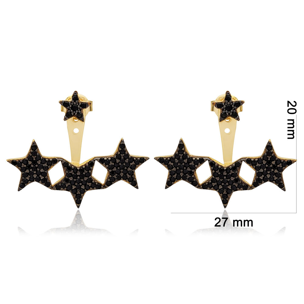 Star Design Black Zircon Stone Cuff Earrings Turkish Handcrafted Wholesale 925 Sterling Silver Jewelry For Woman