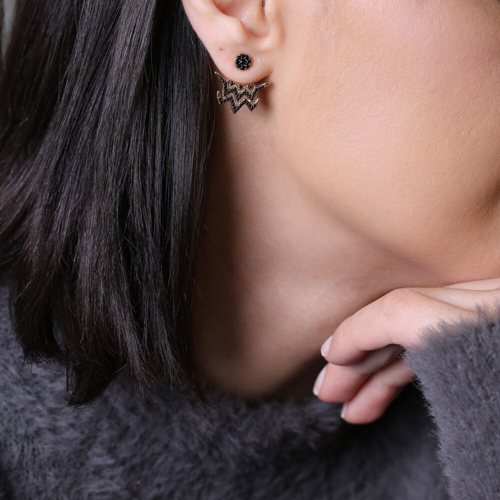 Minimalist Design Ear Jackets Black Zircon Stone Turkish Handmade Wholesale Woman Earrings 925 Sterling Silver Jewelry
