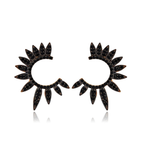 Half Round Of Wing In Stud Earring Black Wings Earrings Turkish Handmade Wholesale 925 Sterling Silver Jewelry