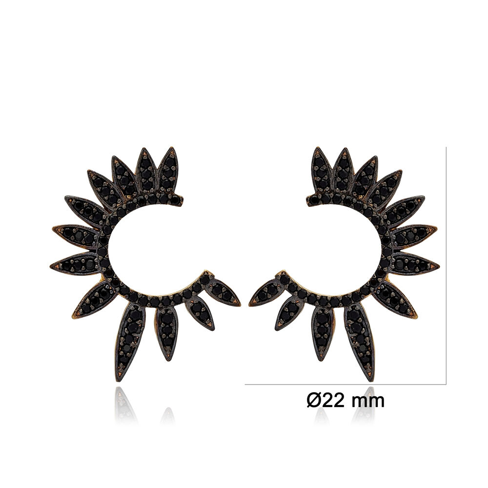 Half Round Of Wing In Stud Earring Black Wings Design Woman Earrings Turkish Handcrafted Wholesale 925 Sterling Silver Jewelry