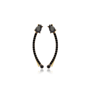 Pear Shape Black Zircon Stone Geometric Minimalist Cuff Climber Earrings 925 Sterling Silver Jewelry