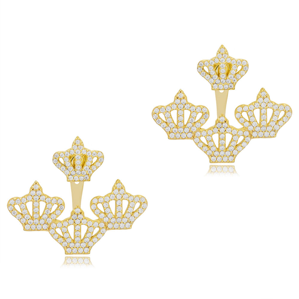 Crown Design Zircon Stone Ear Cuff Turkish Handmade Wholesale 925 Sterling Silver Jewelry