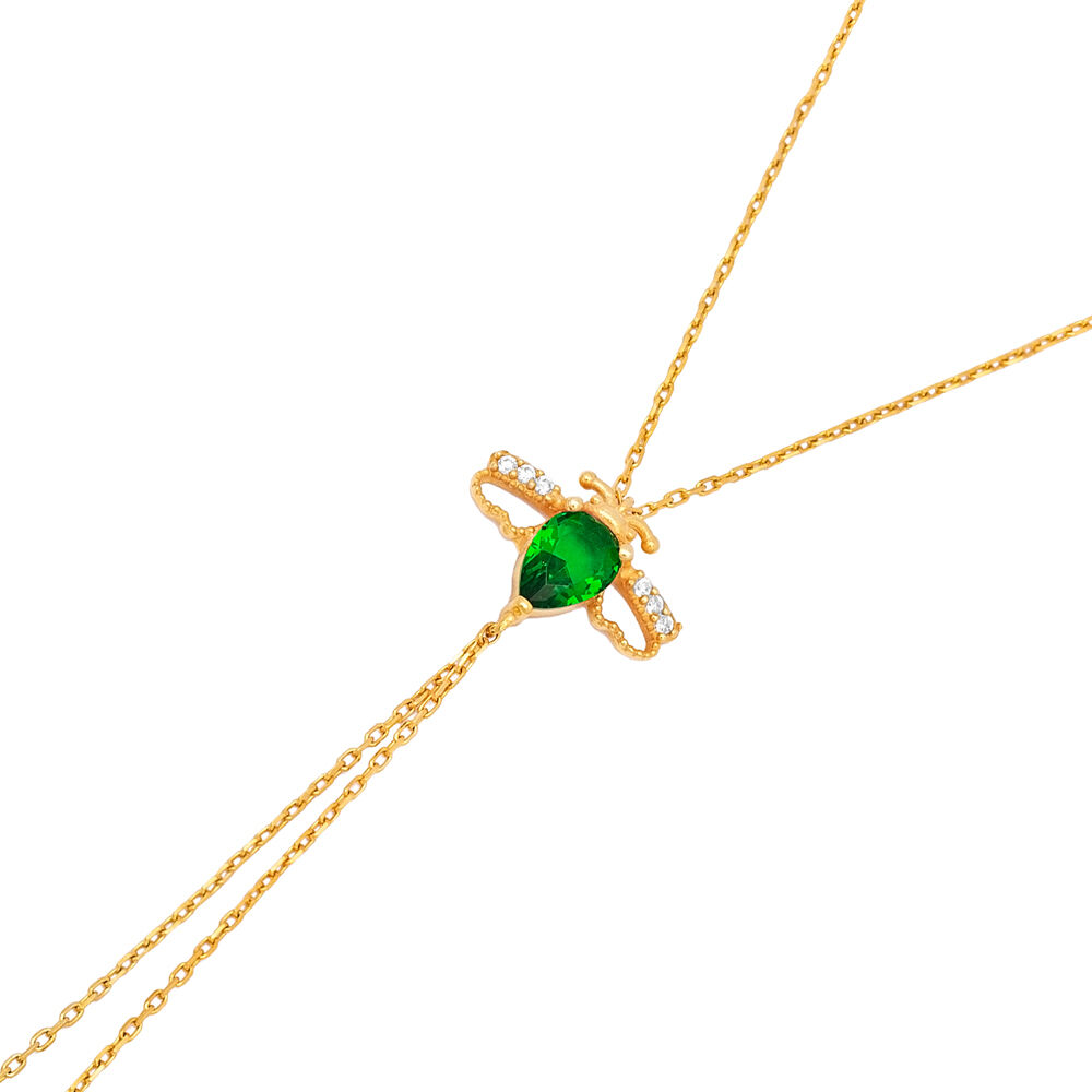 Bee Design Emerald Zircon Stone Turkish Handmade Slave Bracelet 925 Sterling Silver Jewelry