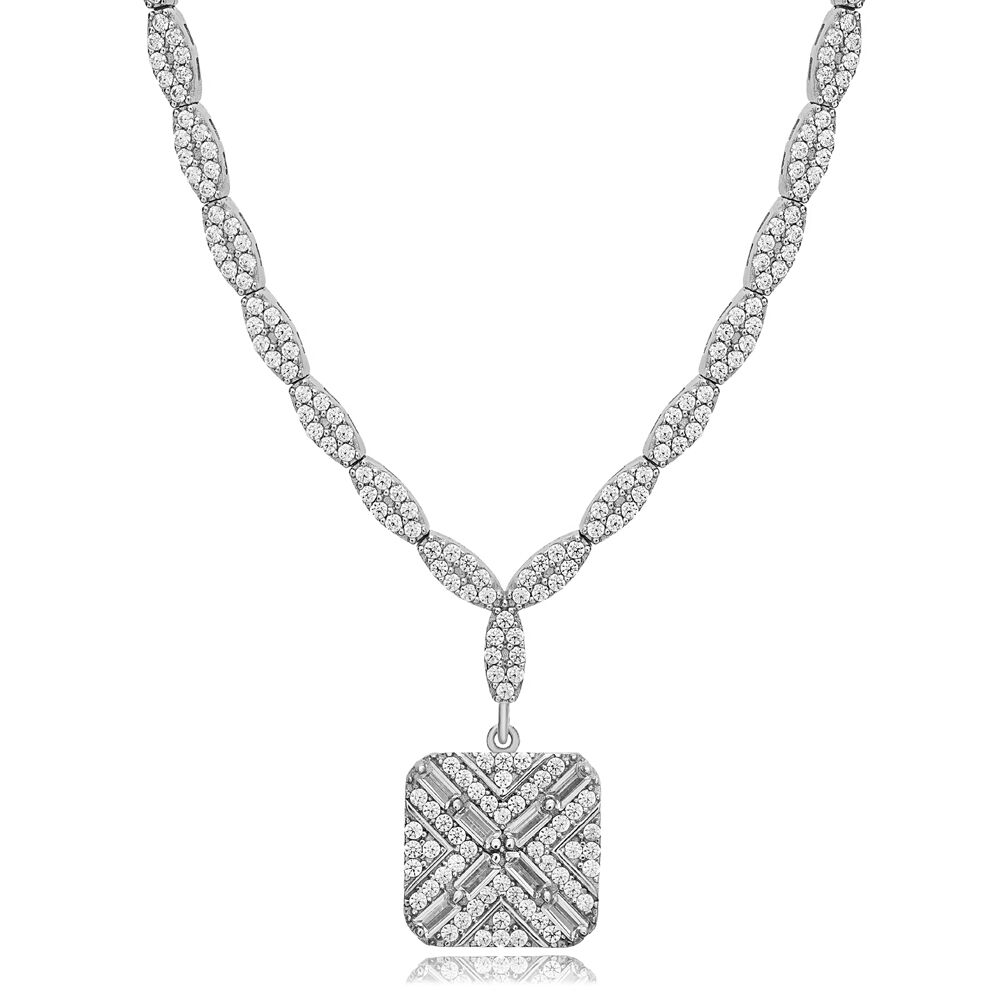 Geometric Square Cut Clear Zircon Stone Elegant Charm Necklace 925 Sterling Silver Jewelry