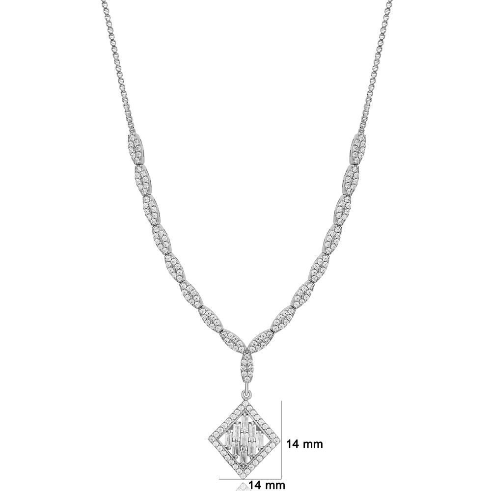 Square Shape Bright Zircon Stone Elegant Charm Necklace 925 Sterling Silver Jewelry