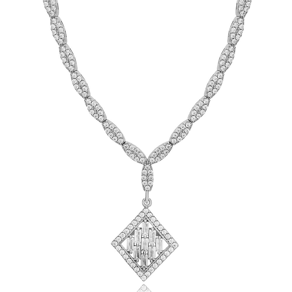 Square Shape Bright Zircon Stone Elegant Charm Necklace 925 Sterling Silver Jewelry