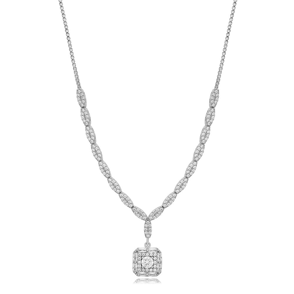 Minimalist Square Shape Shiny Zircon Stone Elegant Charm Necklace 925 Sterling Silver Jewelry