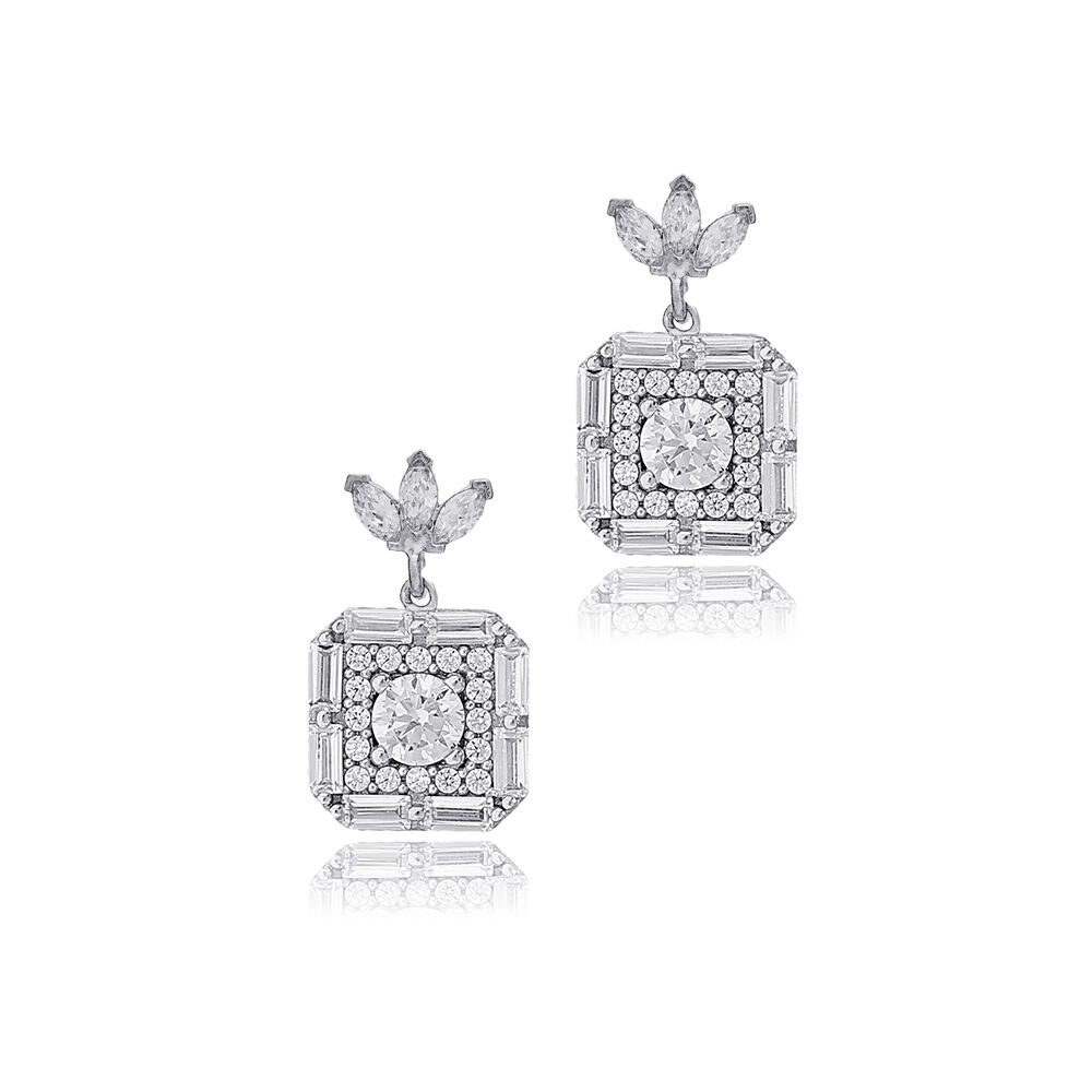 Geometric Square Shape Shiny Round Zircon Stone Stud Earrings 925 Sterling Silver Jewelry
