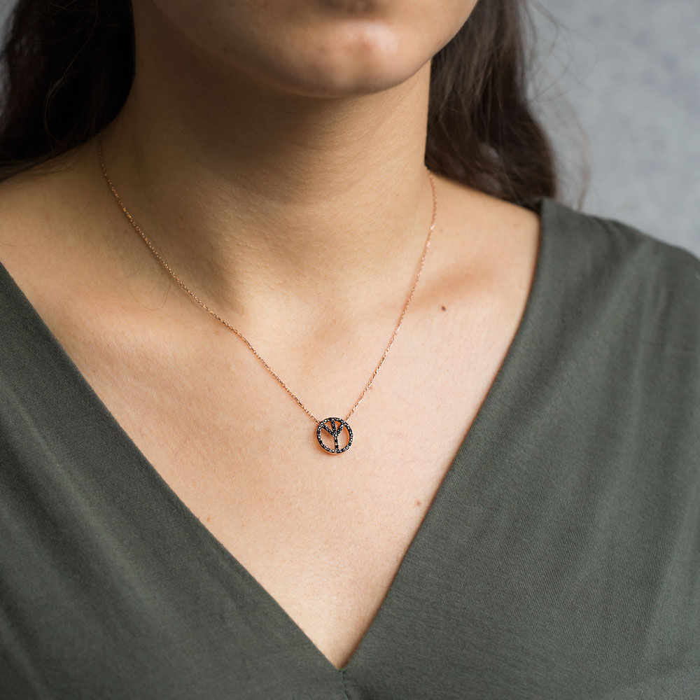 Black Zircon Stone Peace Sign Design Charm Necklace Pendant Wholesale 925 Sterling Silver Jewelry