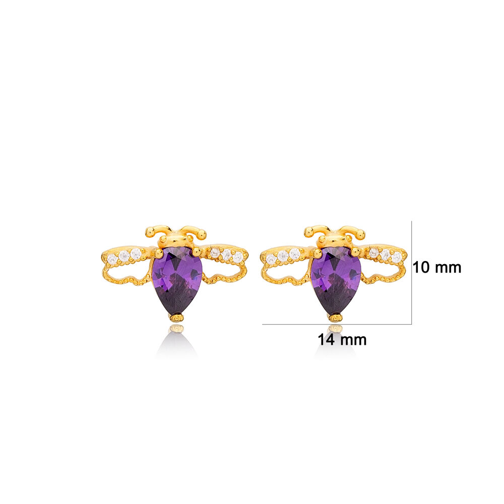 Bee Design Amethyst Zircon Stone Stud Earrings 925 Sterling Silver Jewelry