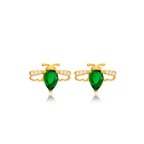 Bee Design Emerald Zircon Stone Stud Earrings 925 Sterling Silver Jewelry