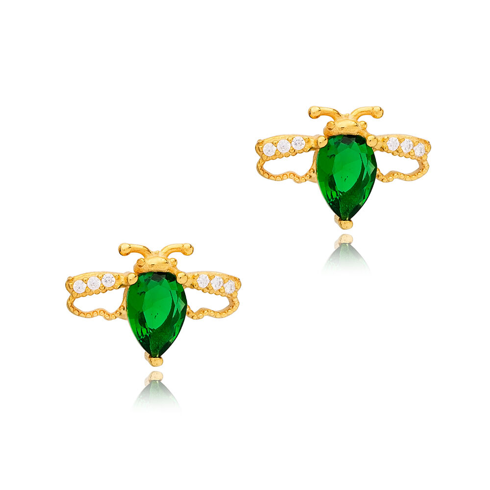 Bee Design Emerald Zircon Stone Stud Earrings 925 Sterling Silver Jewelry