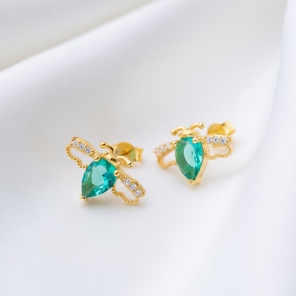 Bee Design Paraiba Green Zircon Stone Stud Earrings 925 Sterling Silver Jewelry
