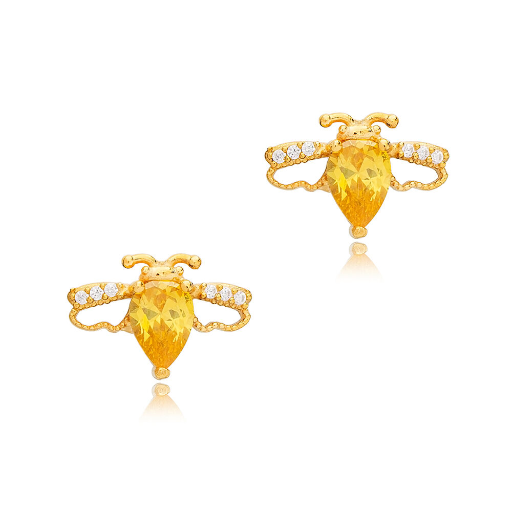 Bee Design Citrine Zircon Stone Stud Earrings 925 Sterling Silver Jewelry