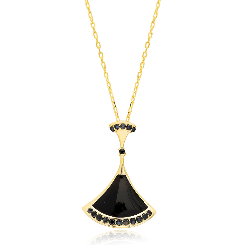 Fan Design Black Enamel with Black Zircon Stone Charm Pendant 925 Sterling Silver Jewelry